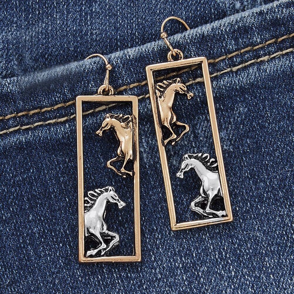 NWT Story by Davinci Two-Tone Horse Earrings with French hooks